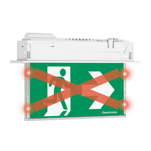 CleverEvac Dynamic Red X Exit, Recessed Mount, LP, Running Man Arrow Right, Single Sided